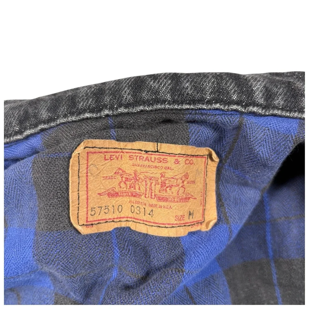 VTG 80s Levi's Kids Denim trucker Jacket Black Plaid Lined‎ USA Made Sz M